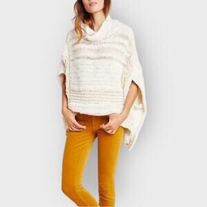 Anthropologie Knit Poncho Sweater XS S Cream Cowl Fringe Oversized Coastal